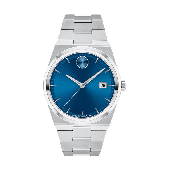 Silver watch with blue face on a white background