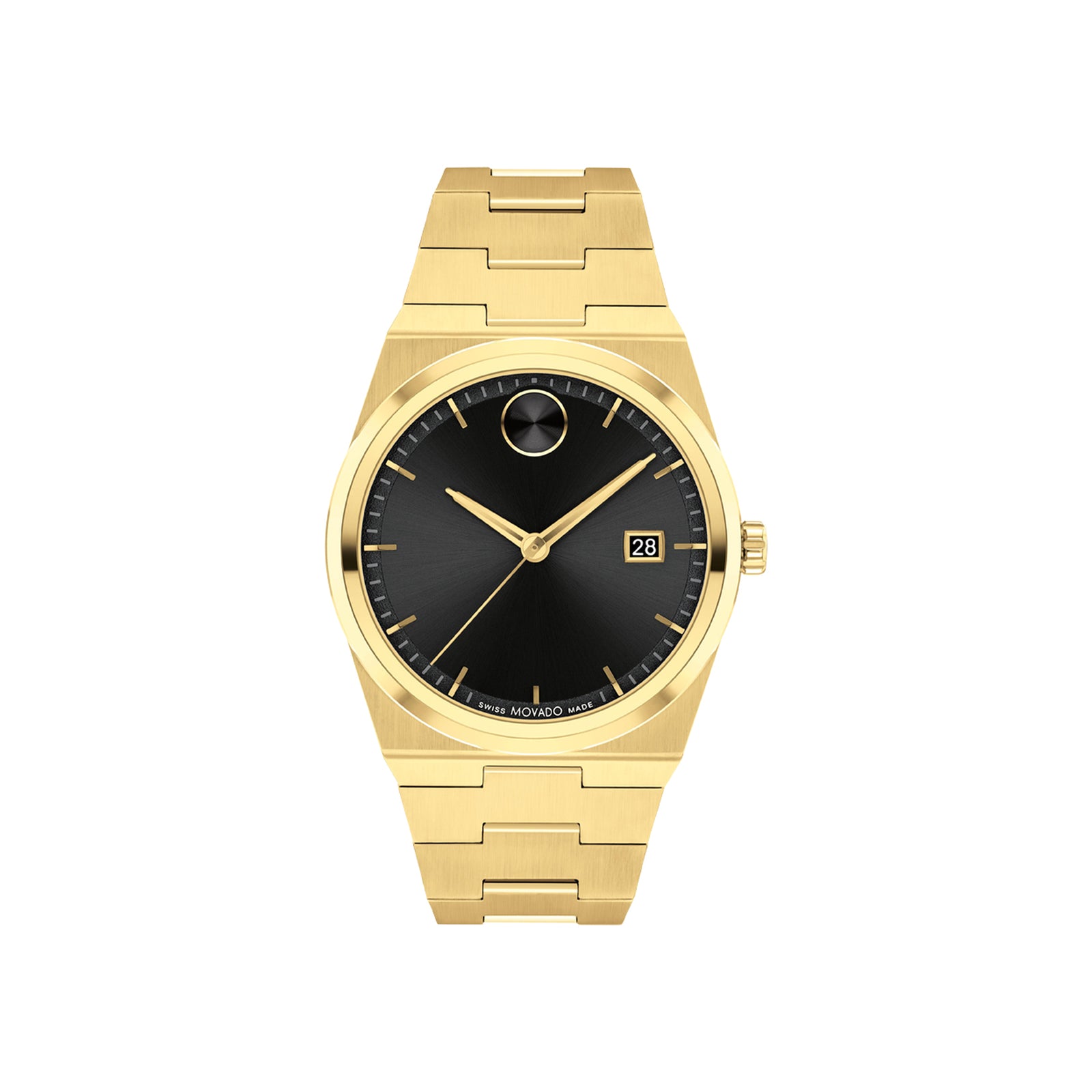 Gold wristwatch with black dial on a white background