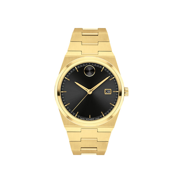 Gold wristwatch with black dial on a white background
