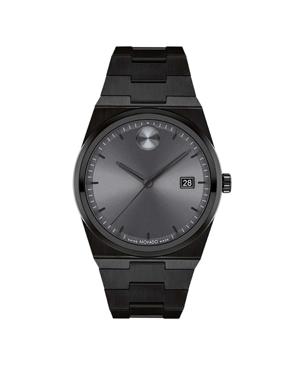 Black wristwatch with a detailed face on a white background