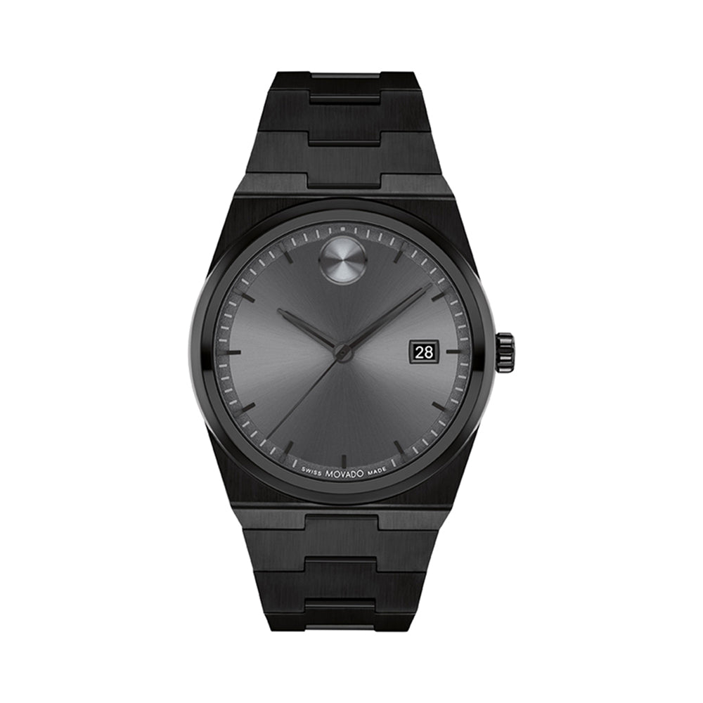 Black wristwatch with a metallic band on a white background