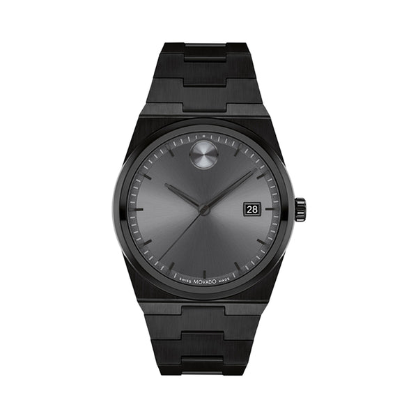 Black wristwatch with a metallic band on a white background