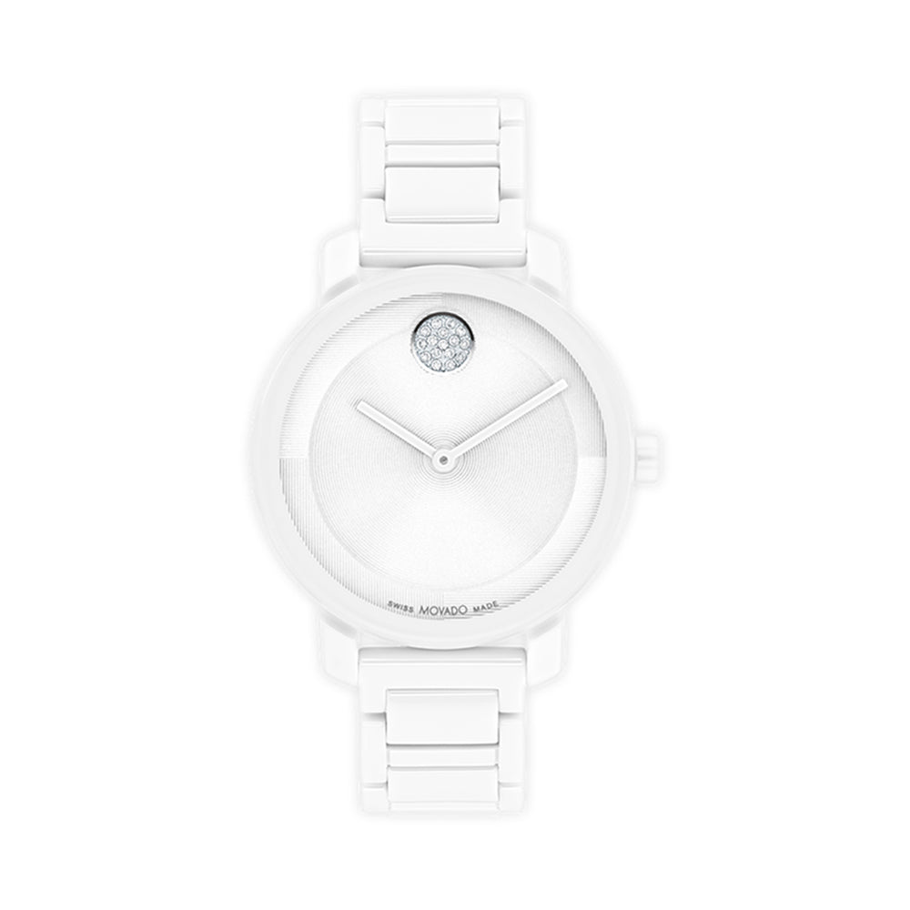 White watch with a diamond-like crystal on a white background