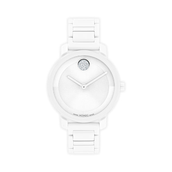White watch with a diamond-like crystal on a white background