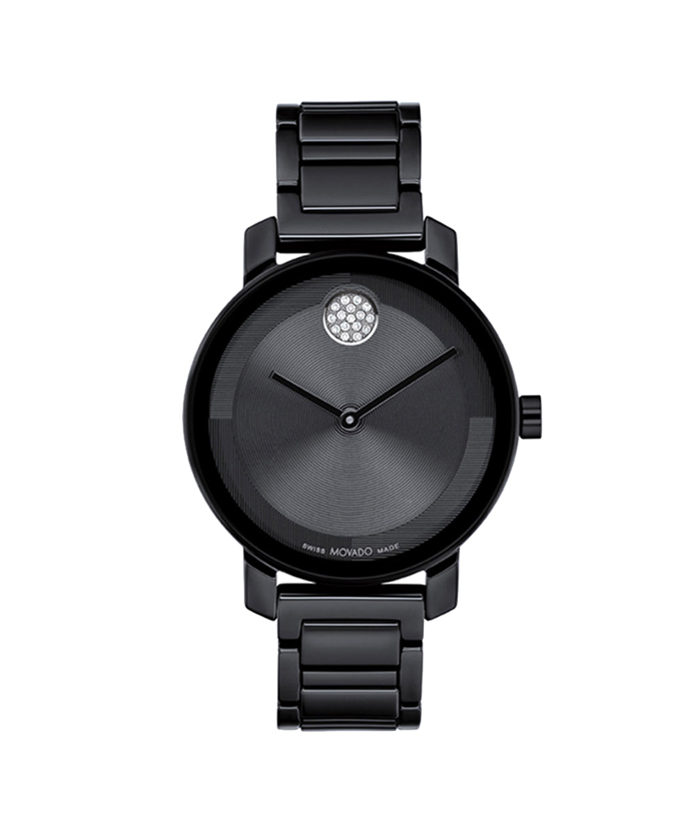 Black watch with a diamond-studded face on a white background