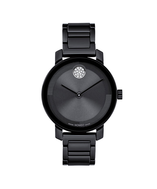 Black watch with a diamond-studded face on a white background