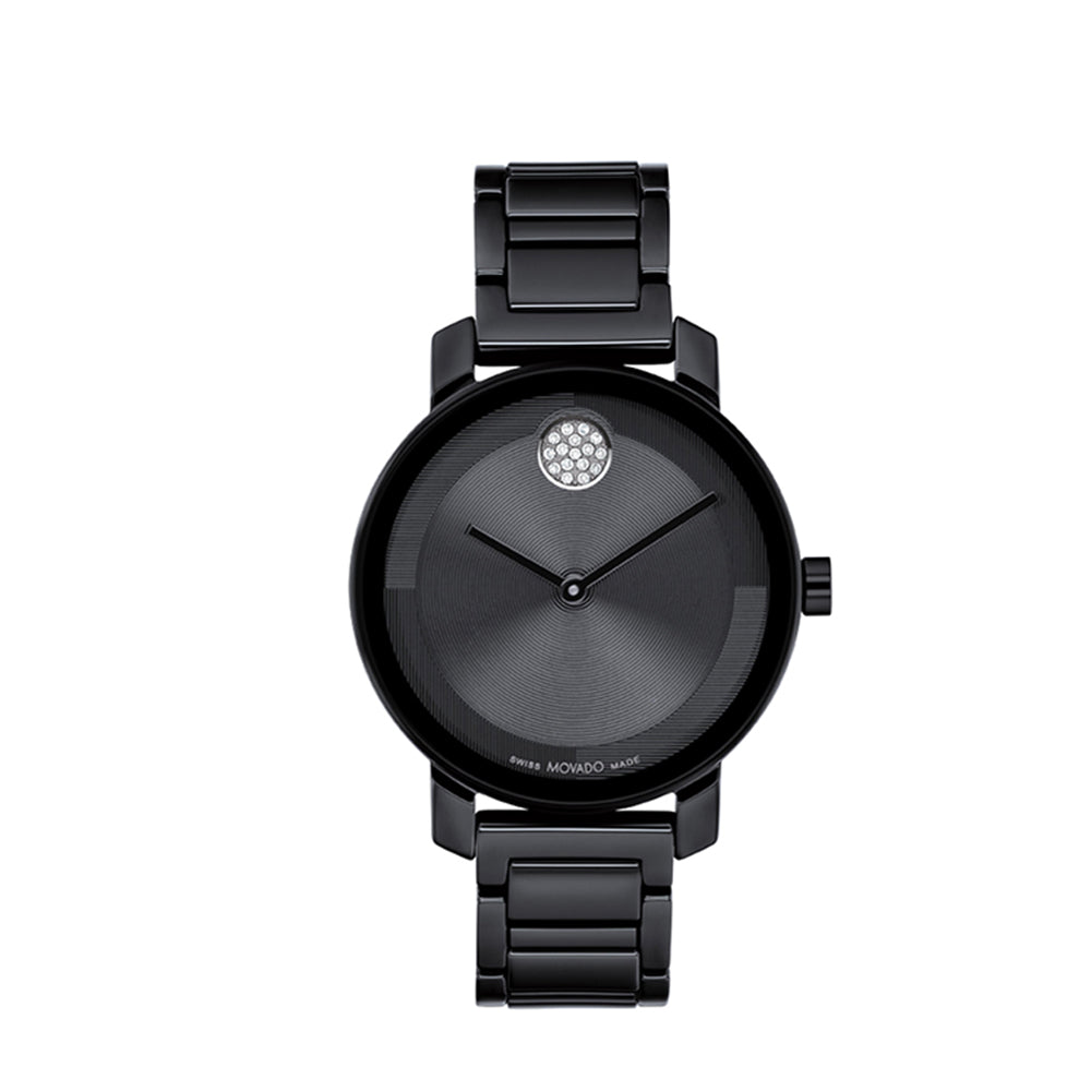 Black wristwatch with a detailed face on a white background