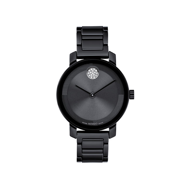 Black wristwatch with a detailed face on a white background