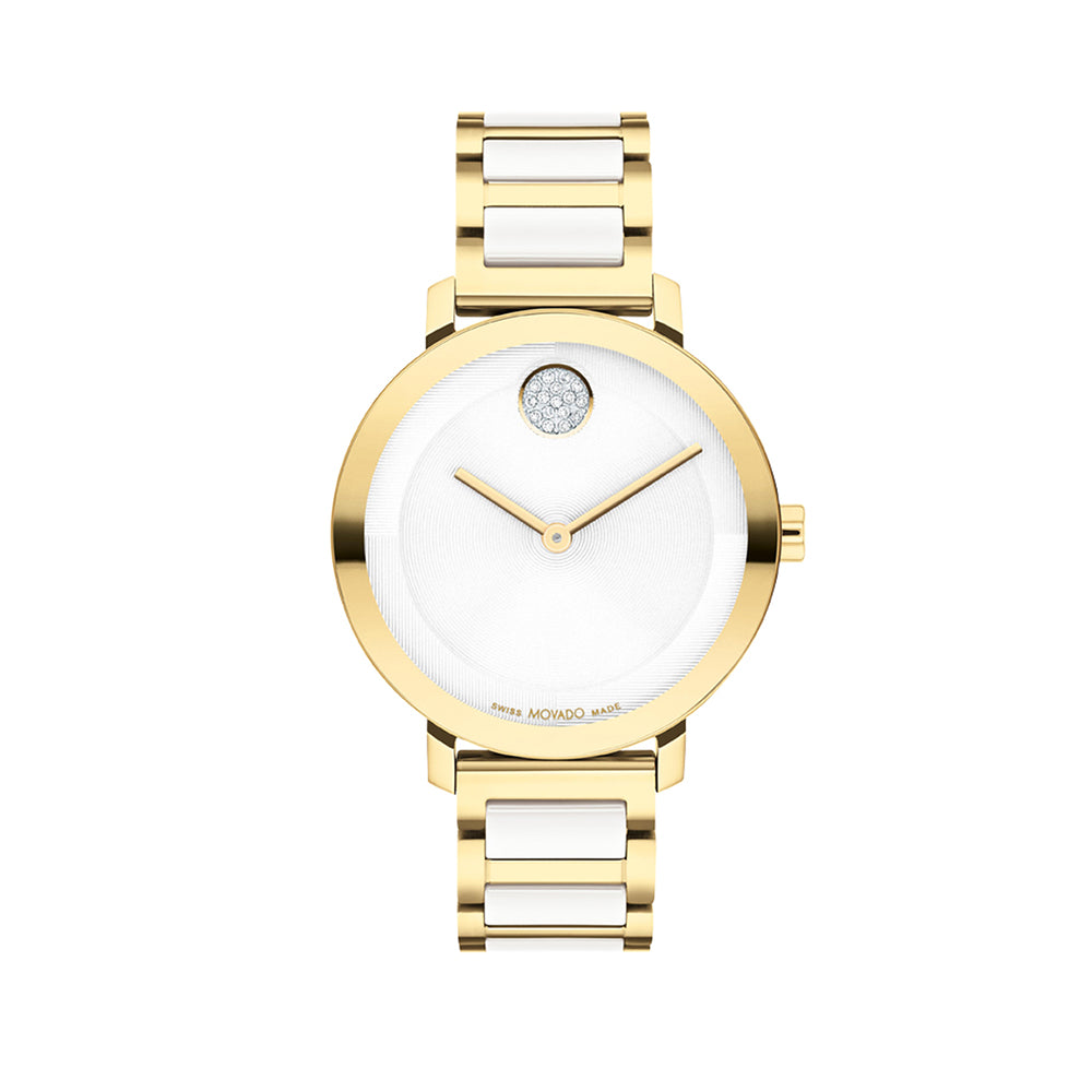 Gold watch with white face and band on a white background