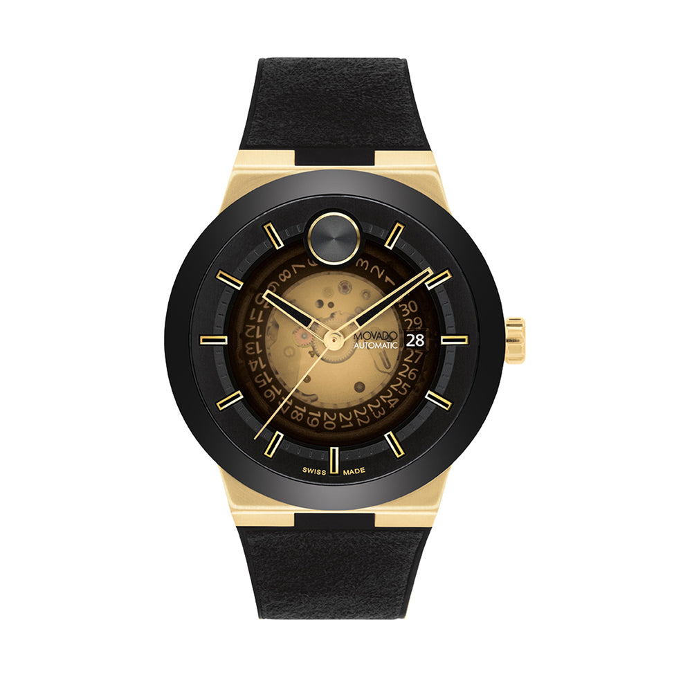 Black and gold watch with detailed face on a white background