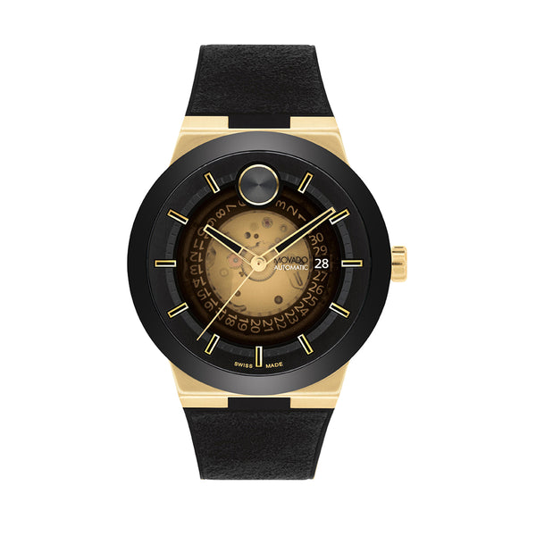 Black and gold watch with detailed face on a white background