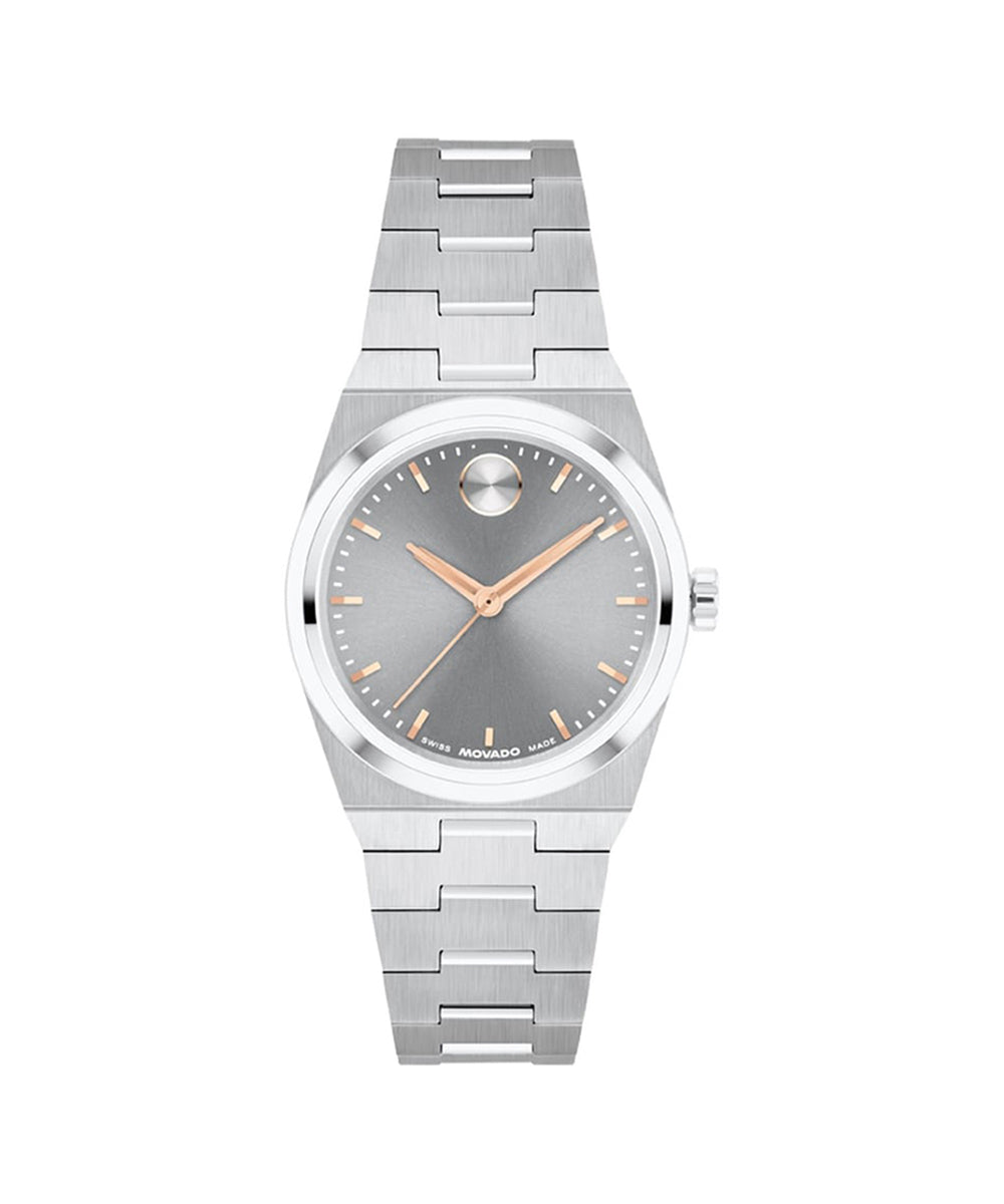 Silver wristwatch with a gray face on a white background