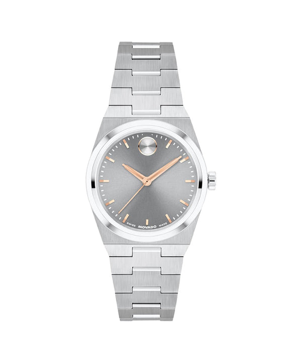 Silver wristwatch with a gray face on a white background