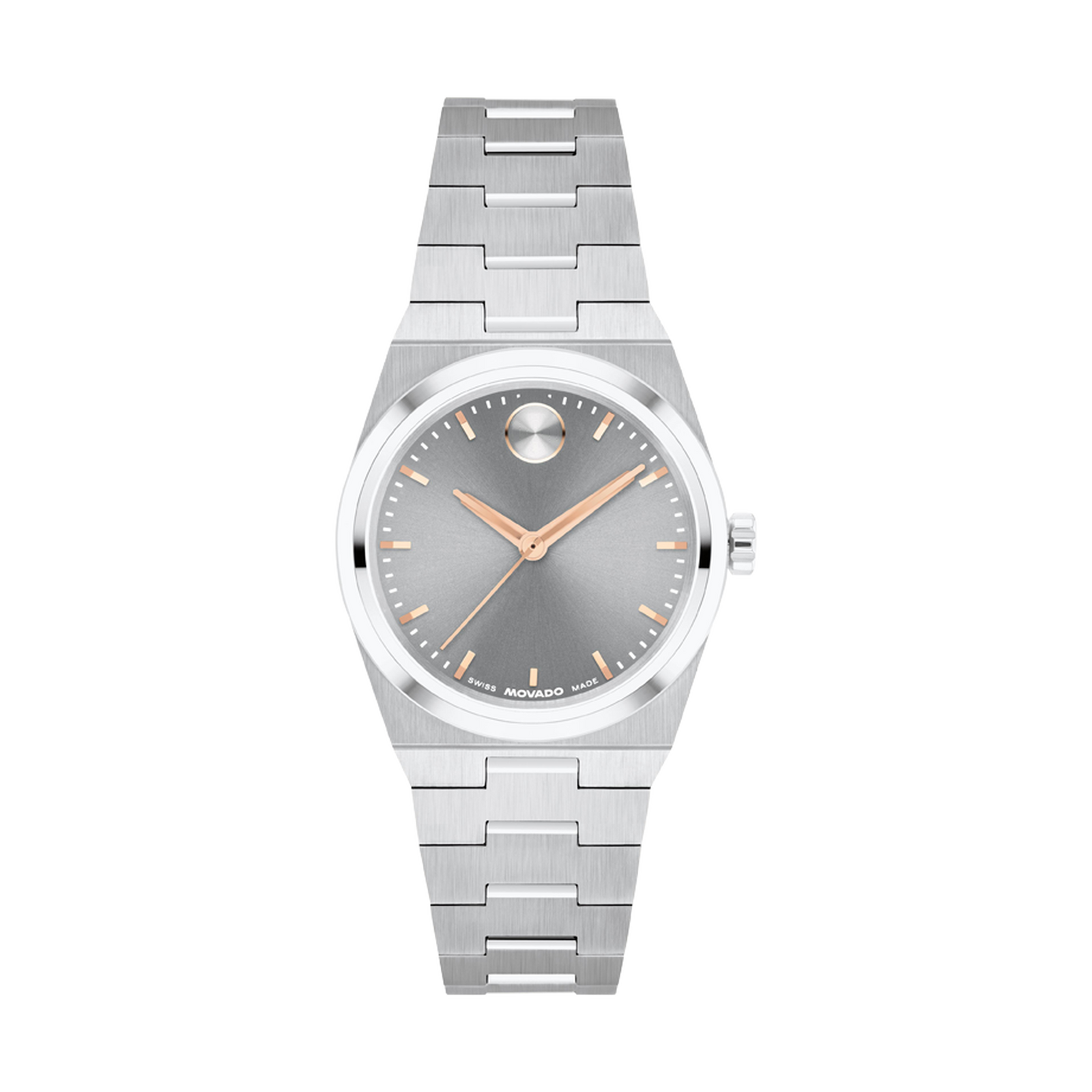 Silver watch with a gray face on a white background
