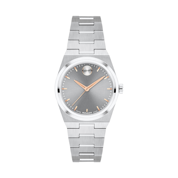 Silver watch with a gray face on a white background