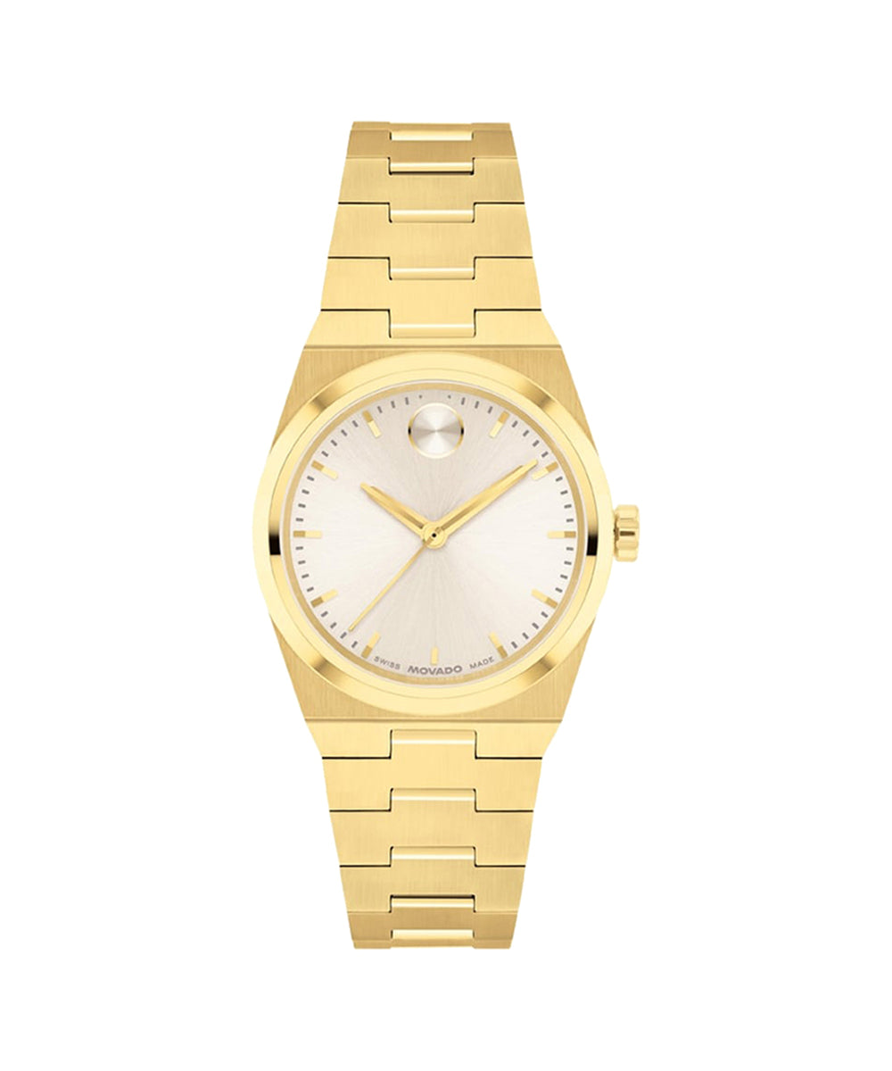 Gold watch with a white face on a white background