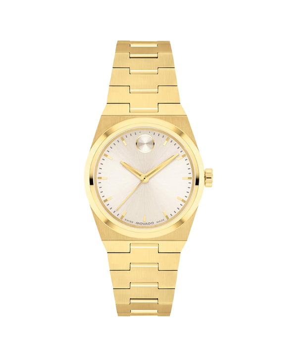 Gold watch with a white face on a white background