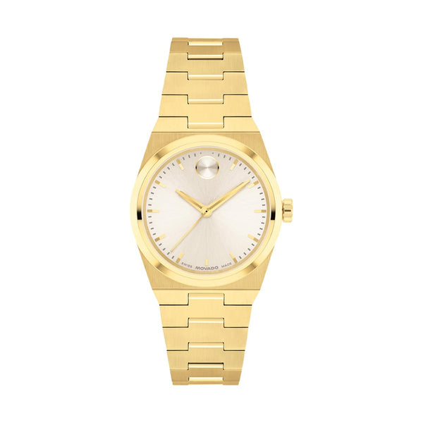 Gold wristwatch with a white face on a white background