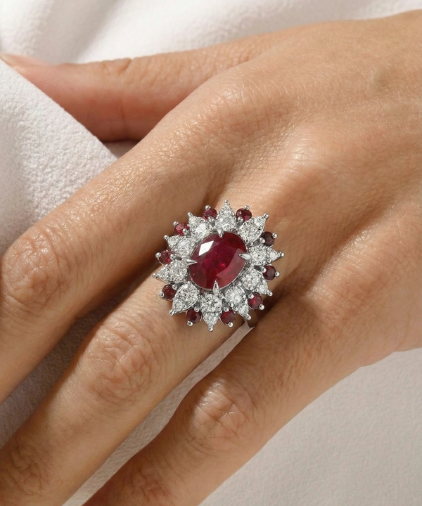 Elegant ring with a red gemstone and diamond-like stones on a hand against a neutral background
