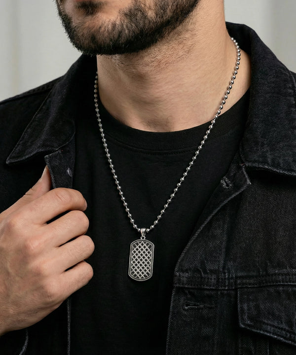 Link N Lock® Black Cubic Zirconia Stainless Steel Dog Tag Pendant with 19.6 inch Bead Chain
