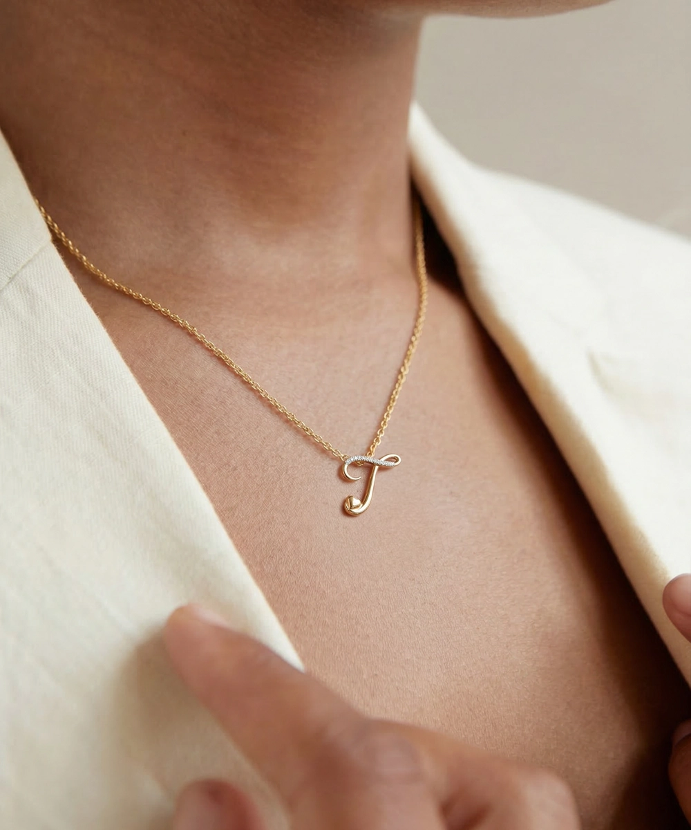 Gold necklace with a letter 'J' pendant on a person wearing a beige outfit.