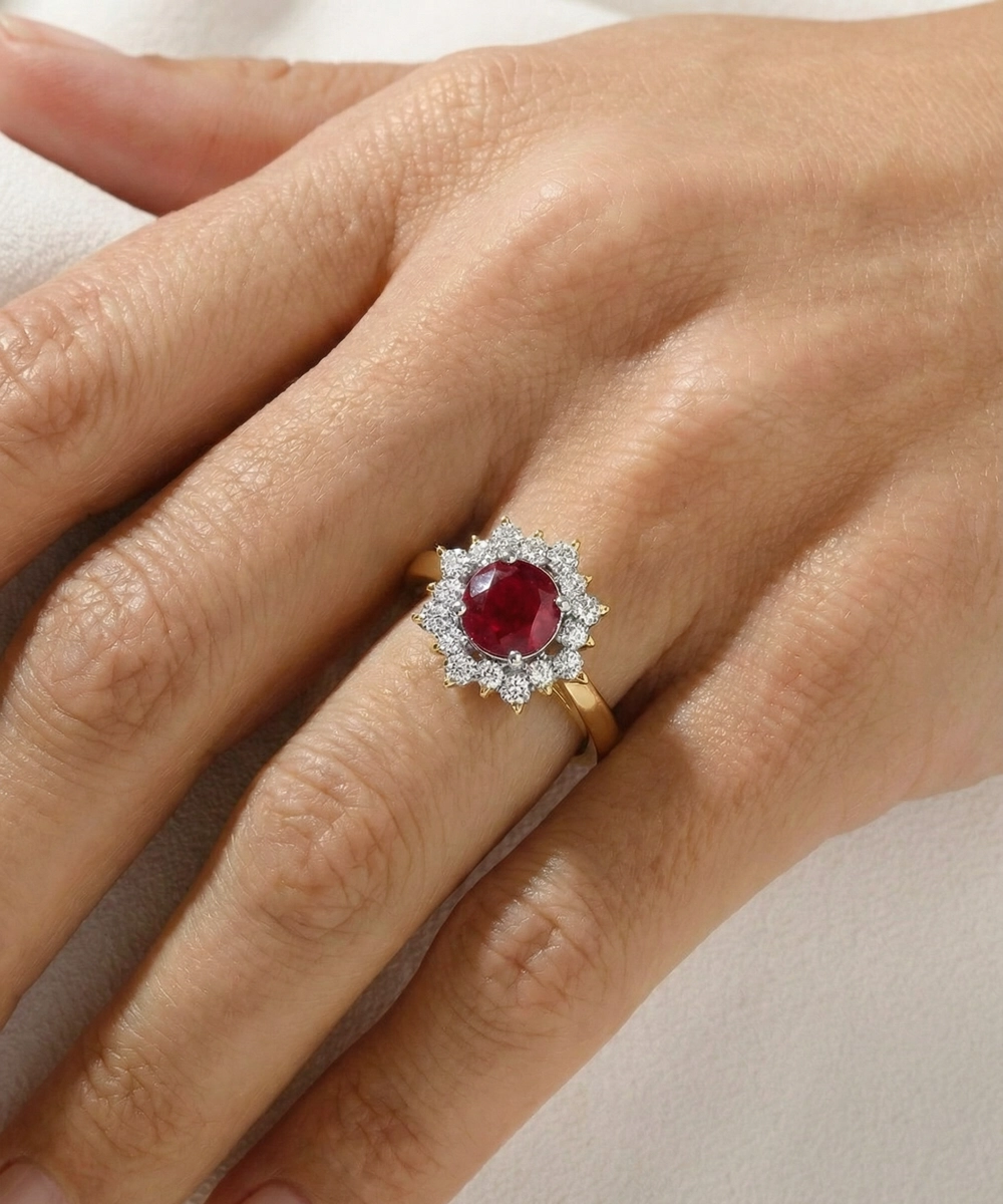 Ring with a red gemstone and diamond halo on a hand against a neutral background