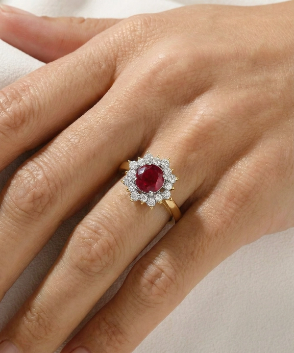 Ring with a red gemstone and diamond halo on a hand against a neutral background