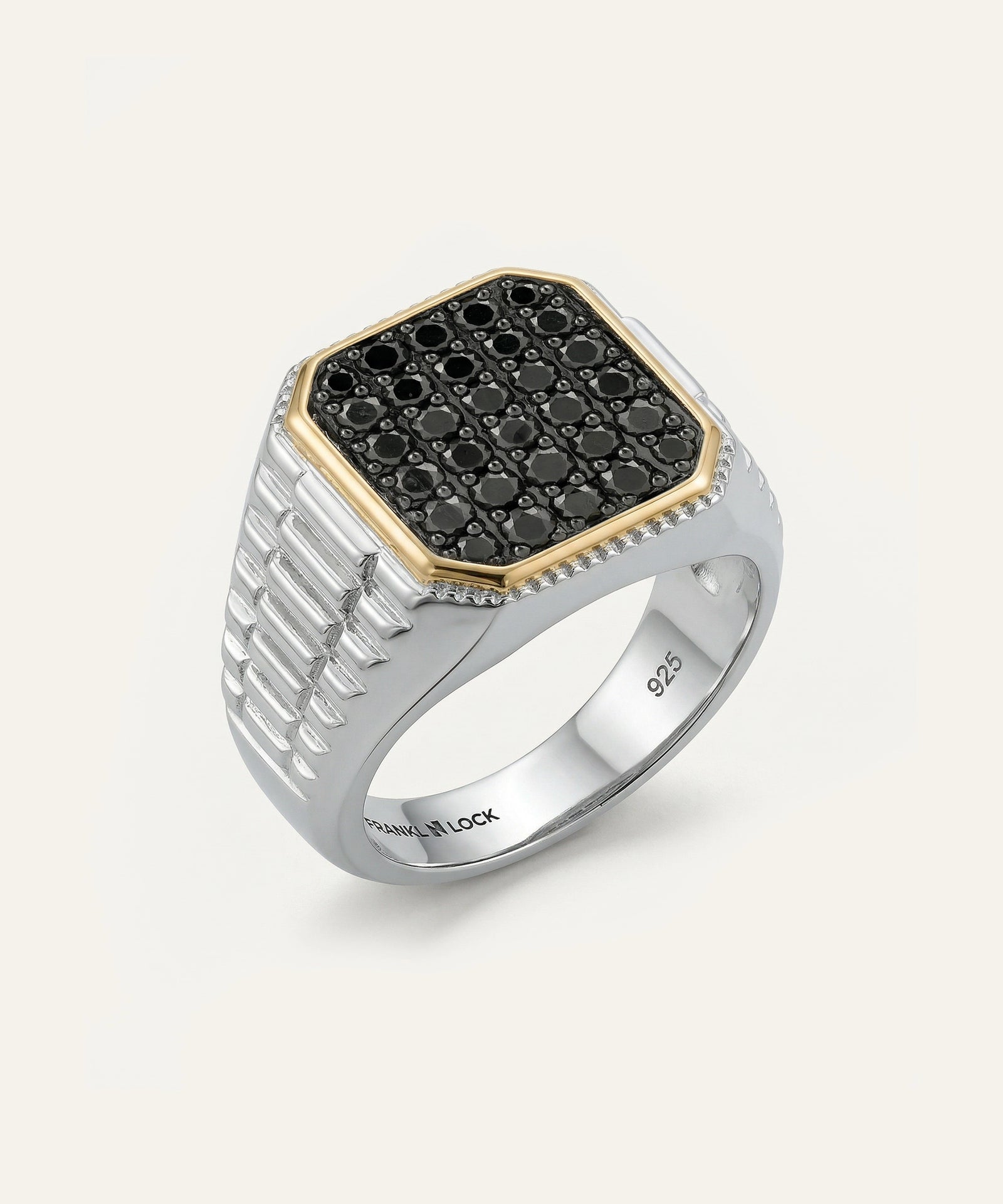 Silver ring with black gemstones on a white background