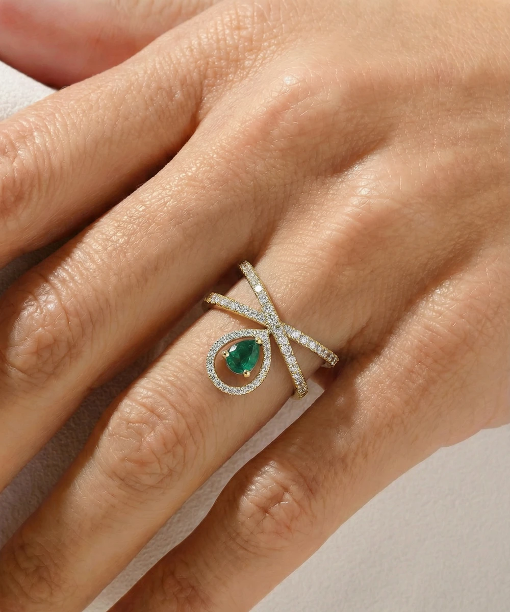 Aanika V. Emerald & Diamond Crossover Drop Ring - 1 Ct. T.W.