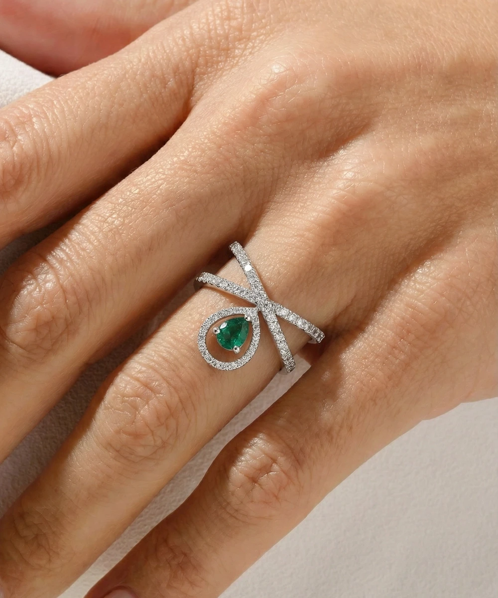 Aanika V. Emerald & Diamond Crossover Drop Ring - 1 Ct. T.W.