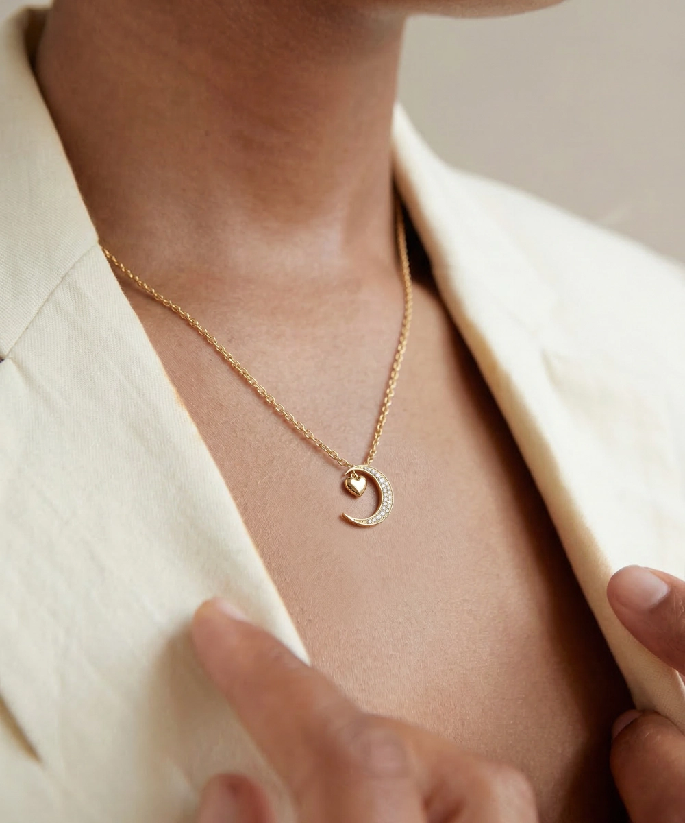 Gold necklace with a heart and crescent moon pendant worn by a person in a cream blazer.
