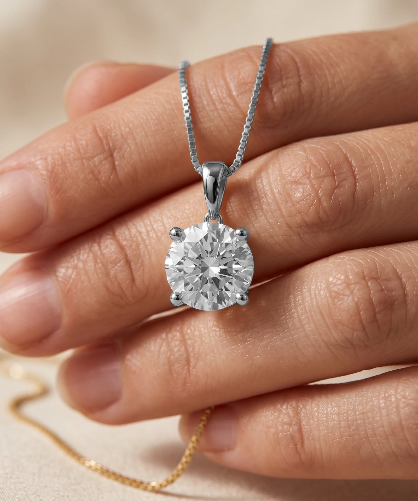 Diamond necklace held by a hand on a neutral background