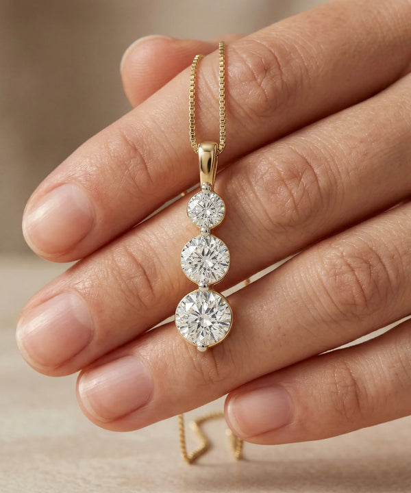 Gold necklace with three diamond pendants held between fingers against a neutral background