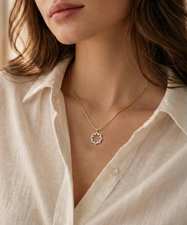 Close-up of a person wearing a gold necklace with a star-shaped pendant.