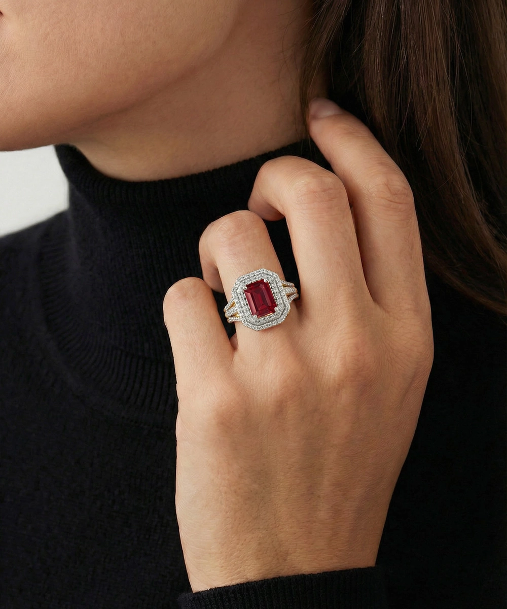 Aanika V. Ruby & Diamond Emerald-Cut Halo Split Shank Ring
