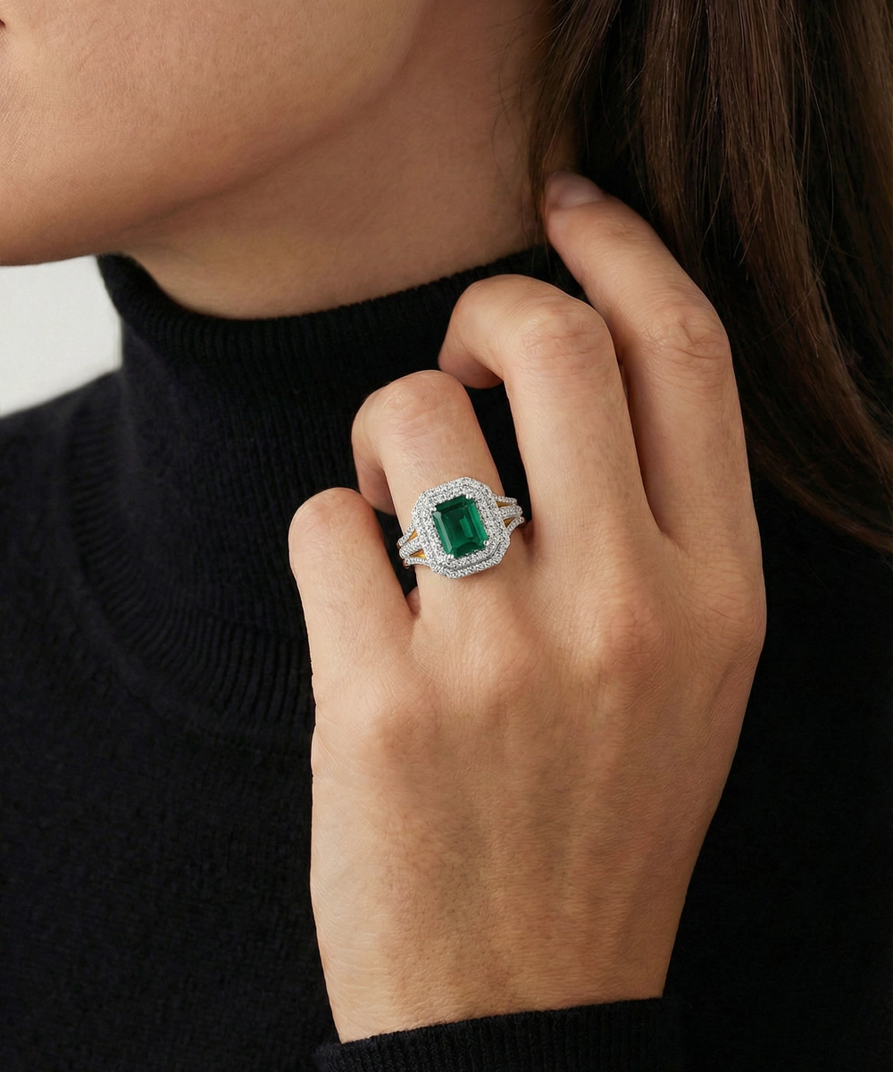 Aanika V.Emerald & Diamond Emerald-Cut Halo Split Shank Ring - 0.75 Ct. T.W.