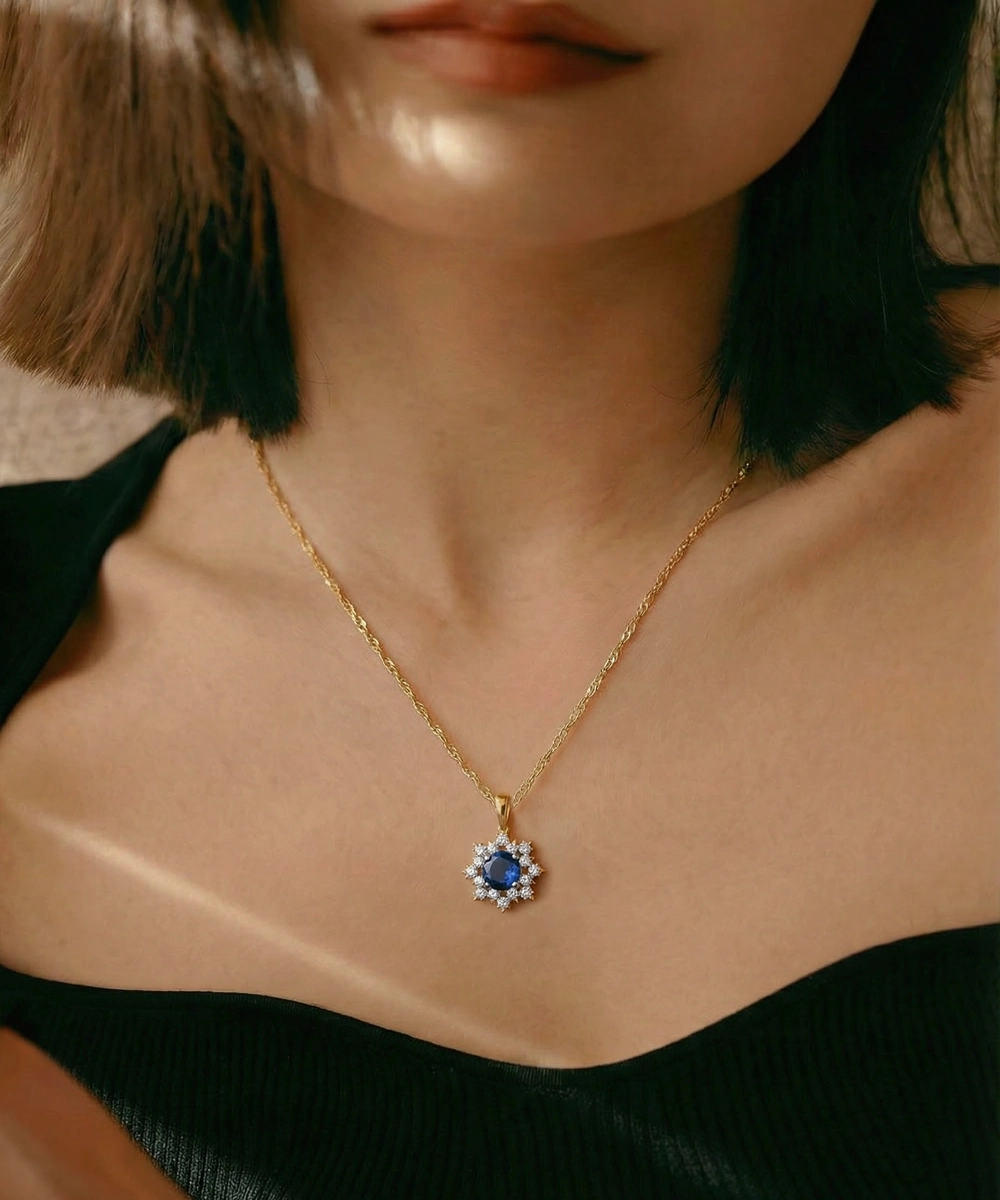 Close-up of a person wearing a gold necklace with a blue gemstone pendant.