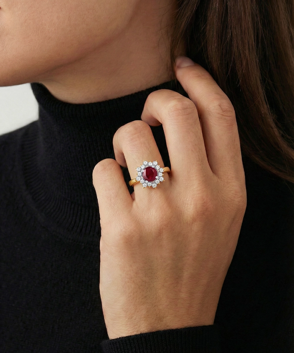 Close-up of a hand wearing a ring with red gemstones against a black background