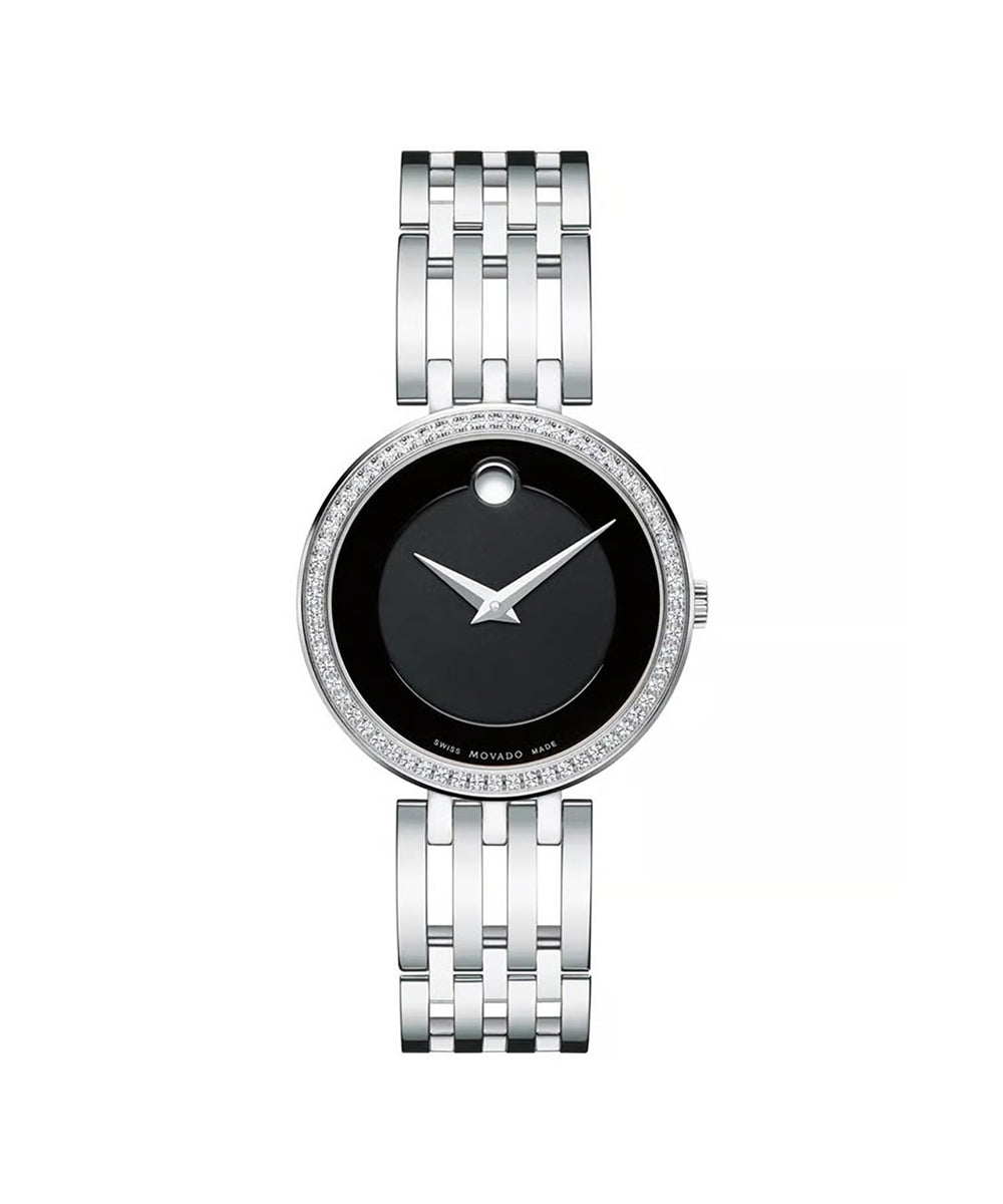 Silver watch with black face on a white background
