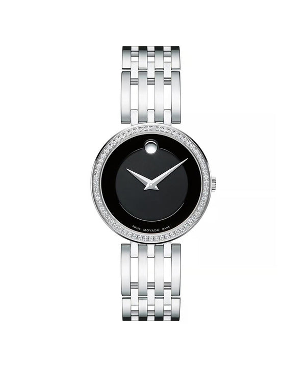Silver watch with black face on a white background