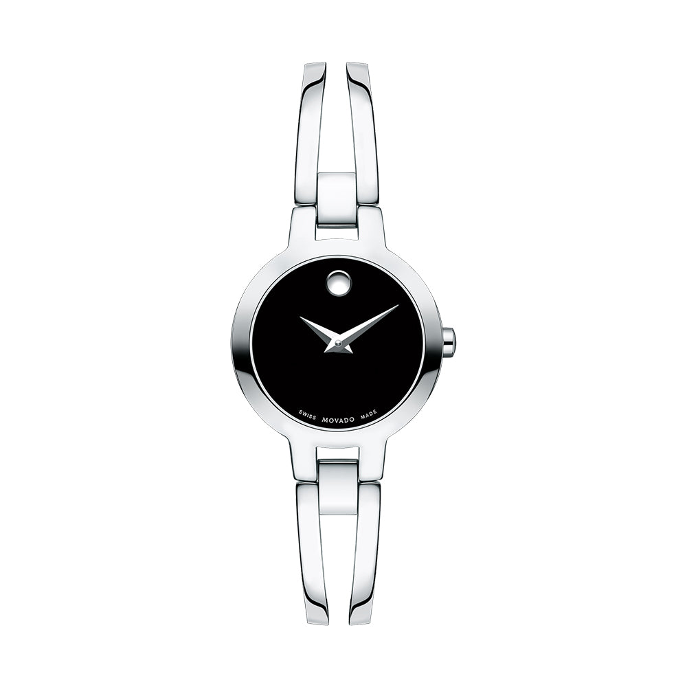 Silver watch with black face on a white background