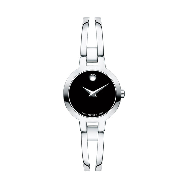 Silver watch with black face on a white background