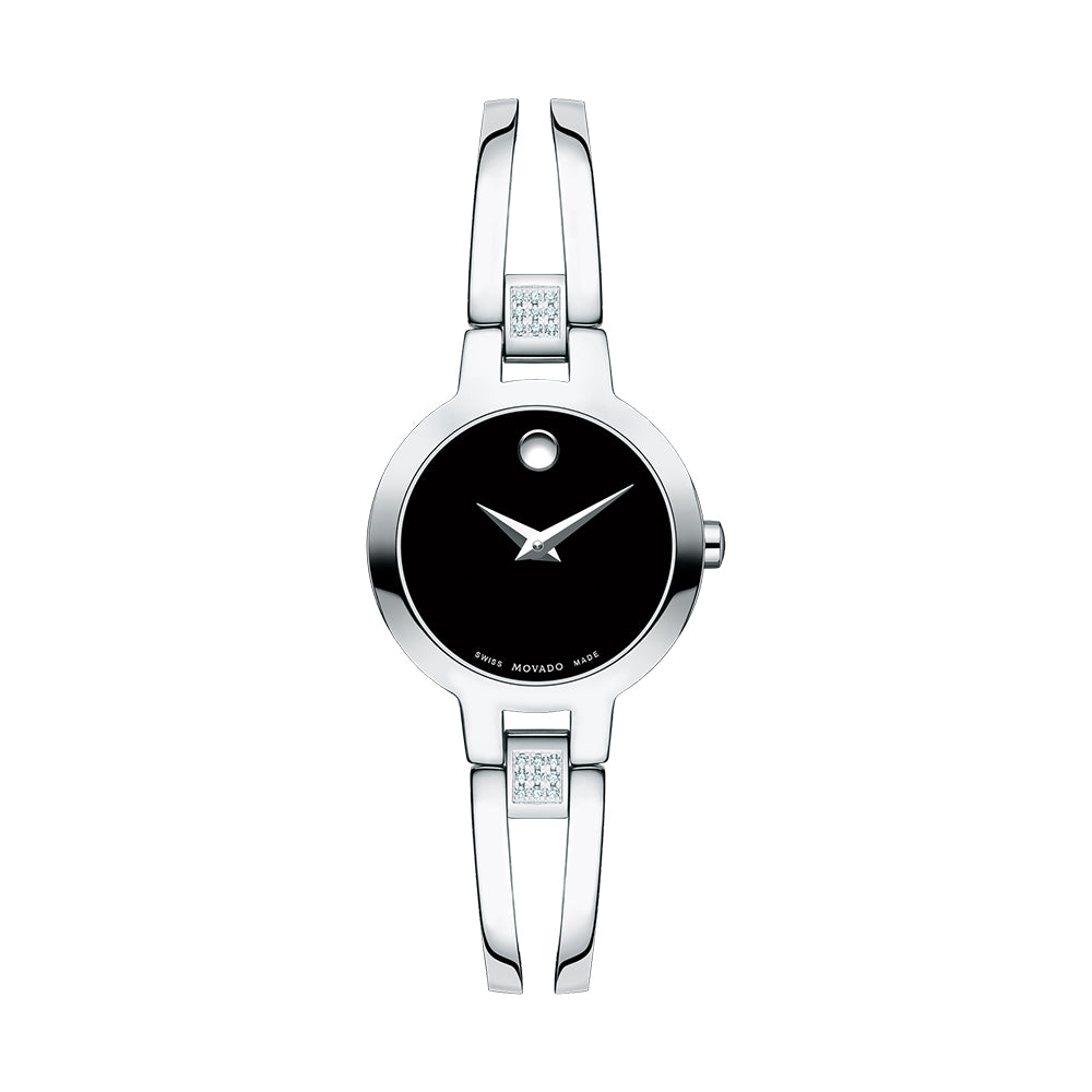 Silver watch with black face on a white background