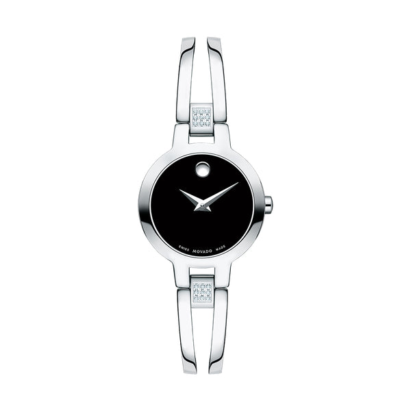 Silver watch with black face on a white background