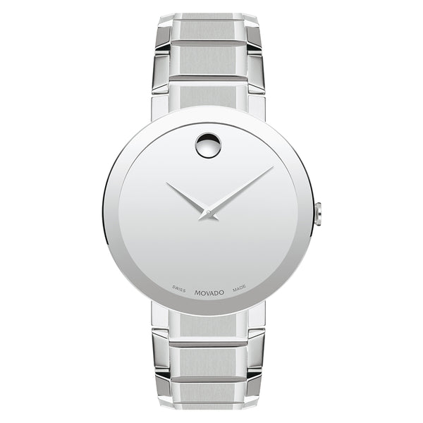 Silver wristwatch with a clear bezel on a white background