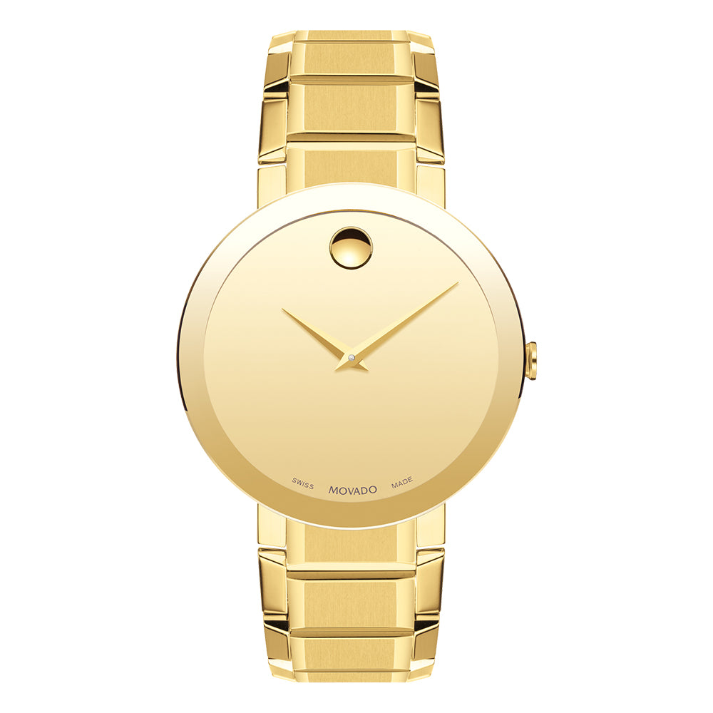 Gold wristwatch with a white background