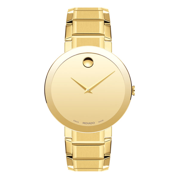 Gold wristwatch with a white background