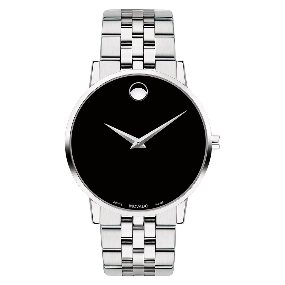 Silver watch with black face on a white background