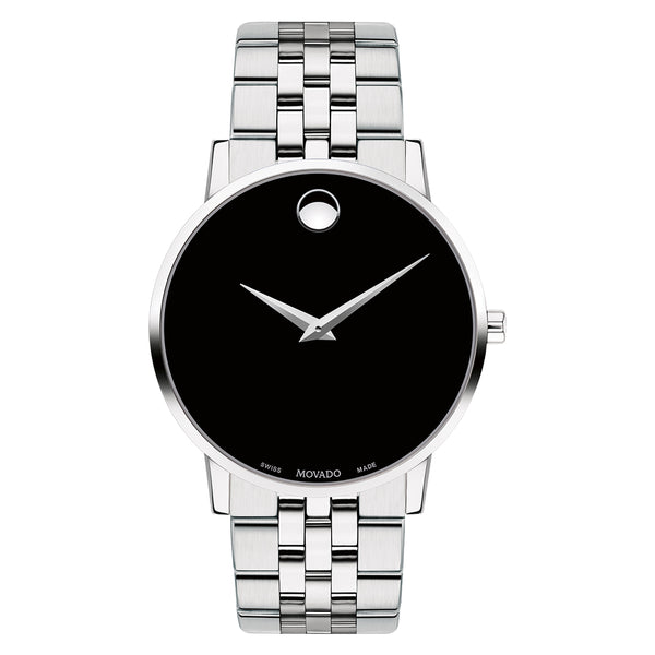 Silver watch with black face on a white background