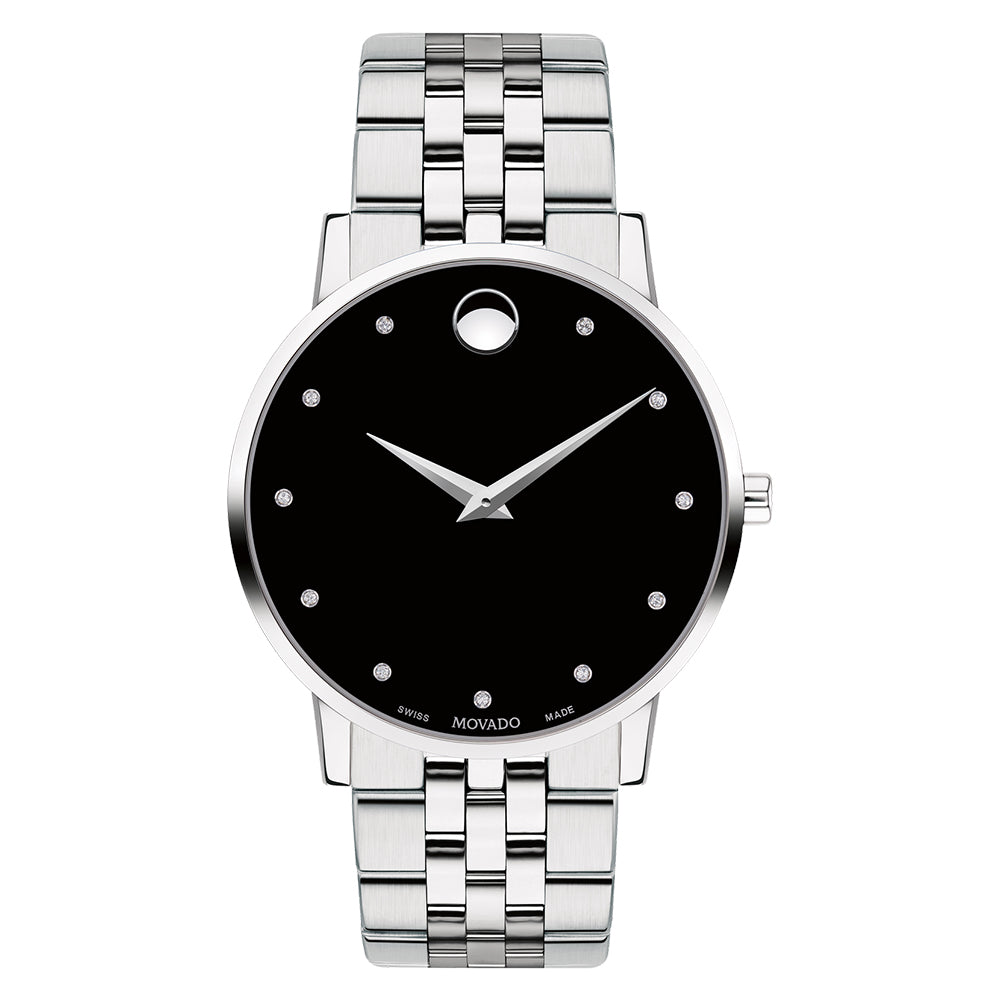 Silver watch with black face on a white background